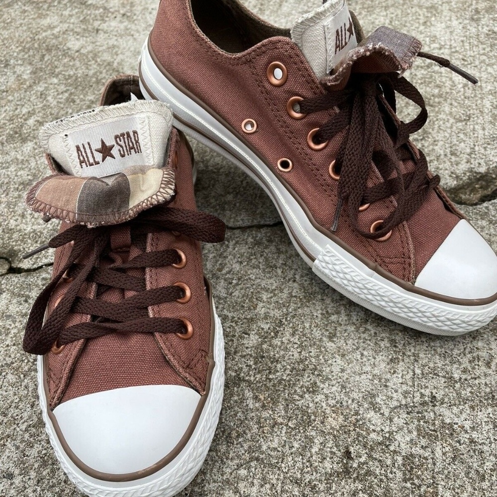 Converse All Star Low Top Brown Double Tongue Plaid Wo 7 Men 5 Chuck Taylors